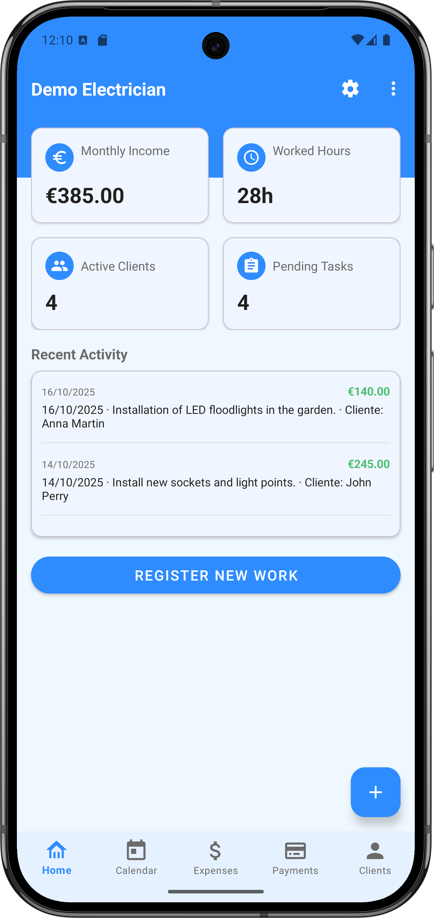 TaskChrono home screen showing revenue, hours and activity cards